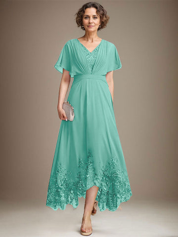 A-line V-Neck Asymmetrical Lace Chiffon Mother of the Bride Dress With Pleated