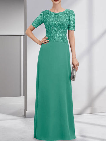 A-line Scoop Floor-Length Lace Chiffon Mother of the Bride Dress With Sequins