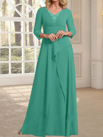 A-line V-Neck Floor-Length Chiffon Mother of the Bride Dress With Pleated Beading