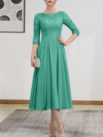 A-line Scoop Illusion Tea-Length Chiffon Lace Mother of the Bride Dress With Beading Sequins