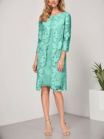 Vestido de corte A, escote redondo, largo hasta la rodilla, de gasa y encaje, para la madre de la novia, con chaqueta. 