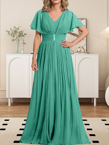 A-line V-Neck Floor-Length Chiffon Mother of the Bride Dress With Crystal Brooch Pleated