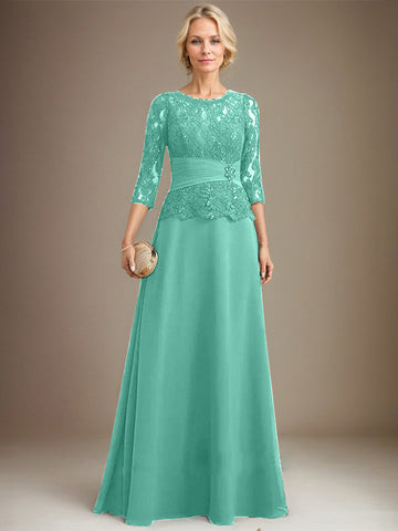 A-line Scoop Illusion Floor-Length Chiffon Lace Mother of the Bride Dress With Pleated Sequins Beading