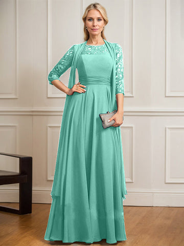 A-line Scoop Illusion Floor-Length Lace Chiffon Mother of the Bride Dress With Pleated