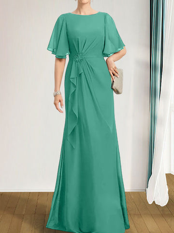 A-line Scoop Floor-Length Chiffon Mother of the Bride Dress With Cascading Ruffles Beading Sequins
