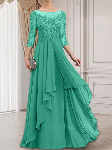 A-line Scoop Illusion Floor-Length Lace Chiffon Mother of the Bride Dress With Cascading Ruffles