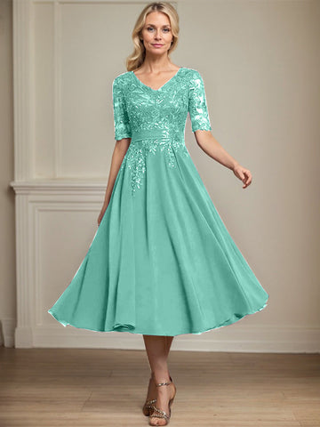 A-line V-Neck Tea-Length Lace Chiffon Mother of the Bride Dress With Sequins