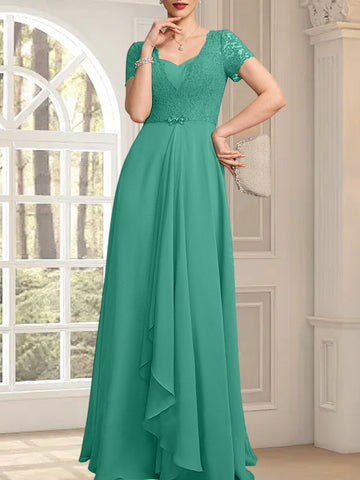 A-line Sweetheart Floor-Length Chiffon Lace Mother of the Bride Dress With Beading Cascading Ruffles