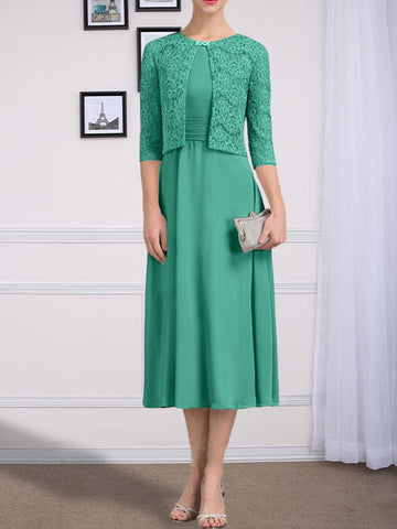 A-line Scoop Tea-Length Chiffon Mother of the Bride Dress With Pleated