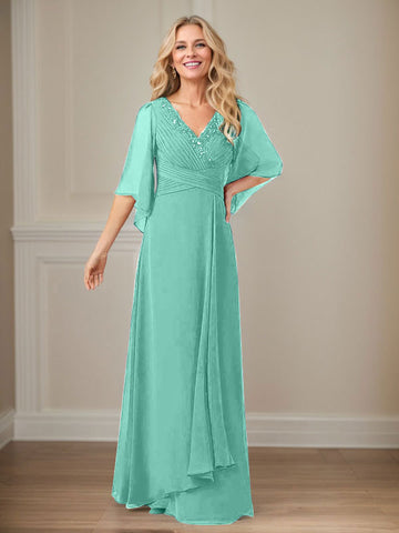 A-Line V-Neck Long Sequins Chiffon Mother Dress