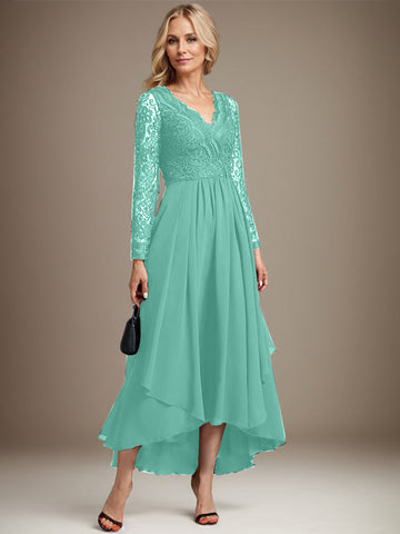 A-line V-Neck Asymmetrical Lace Chiffon Mother of the Bride Dress