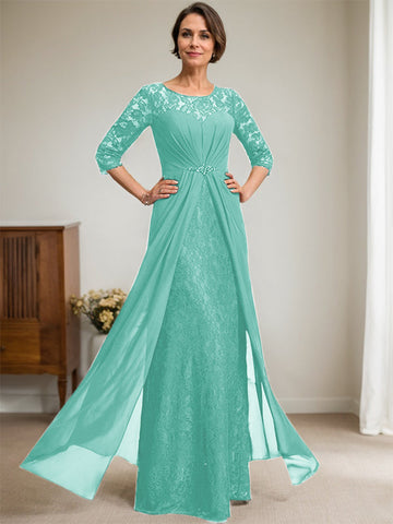 A-Line Scoop Illusion Floor-Length Lace Chiffon Mother Of the Bride Dress With Beading Ruffles