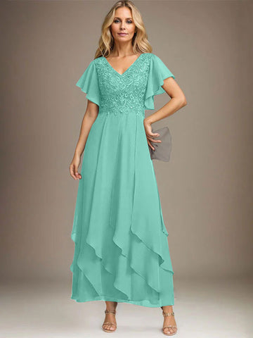 A-line V-Neck Ankle-Length Lace Chiffon Mother of the Bride Dress With Cascading Ruffles
