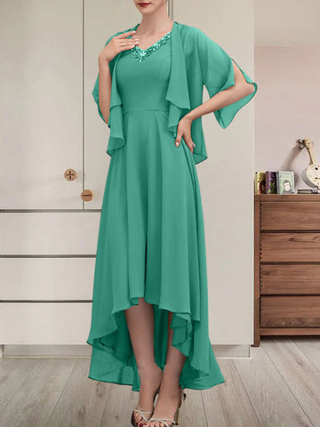 A-line V-Neck Asymmetrical Chiffon Mother of the Bride Dress With Beading Sequins