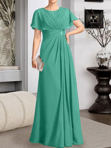 A-line Scoop Floor-Length Chiffon Mother of the Bride Dress With Pleated Beading