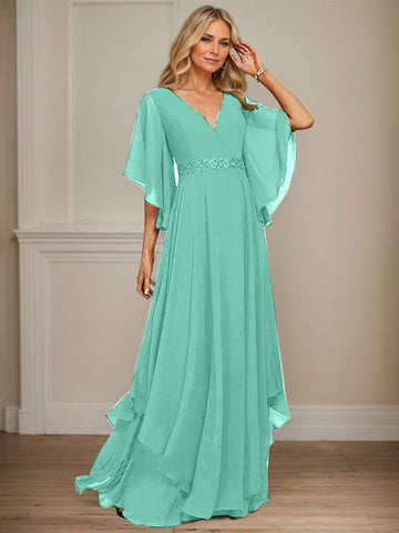 A-line V-Neck Floor-Length Chiffon Mother of the Bride Dress With Sequins Appliques Lace Beading