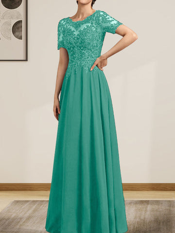 A-line Scoop Illusion Floor-Length Chiffon Lace Mother of the Bride Dress With Sequins Beading