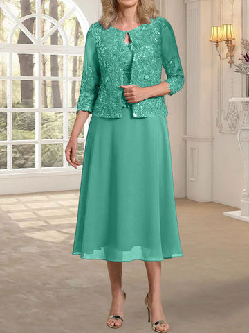 A-line Scoop Tea-Length Lace Chiffon Mother of the Bride Dress With Sequins