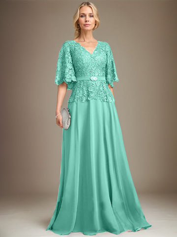 A-line V-Neck Floor-Length Chiffon Lace Mother of the Bride Dress With Crystal Brooch Rhinestone