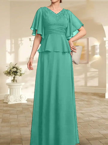 A-line V-Neck Floor-Length Chiffon Mother of the Bride Dress With Pleated Beading
