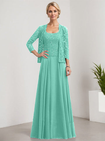 A-line Square Floor-Length Lace Chiffon Mother of the Bride Dress With Sequins