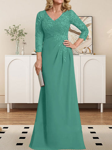 Sheath/Column V-Neck Illusion Floor-Length Lace Chiffon Mother of the Bride Dress With Pleated Sequins