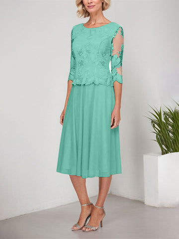 A-line Scoop Tea-Length Lace Chiffon Mother of the Bride Dress With Embroidery