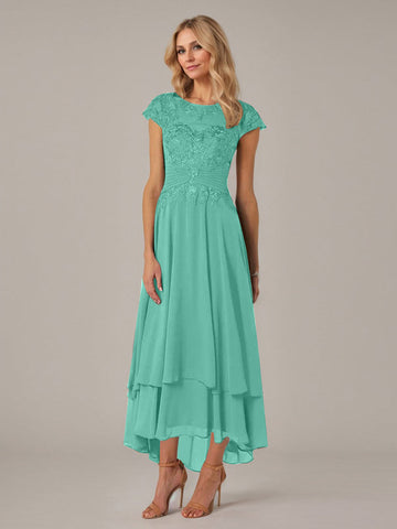 A-line Boat Neck Illusion Asymmetrical Chiffon Lace Mother of the Bride Dress With Applique Pleats