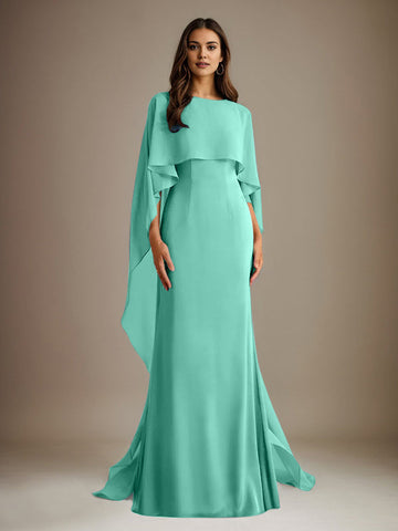 Sheath/Column Boatneck Floor-Length Chiffon Mother of the Bride Dress With Cascading Ruffles