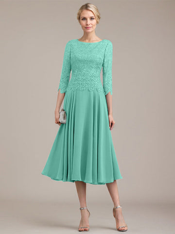 Vestido de corte A con escote redondo y largo hasta la rodilla en gasa de encaje para la madre de la novia 