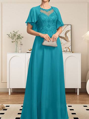 A-line Scoop Illusion Floor-Length Lace Chiffon Mother of the Bride Dress With Sequins
