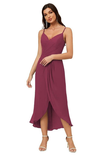 Spaghetti Chiffon V Neck Bridesmaid Dress Mid-Length Slit Formal Prom Dress Homecoming Dress 2803