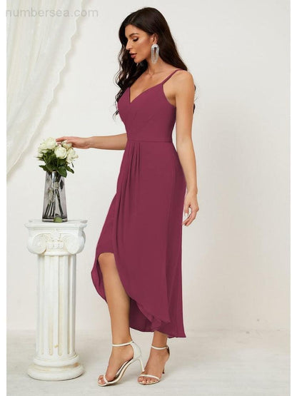 Spaghetti Chiffon V Neck Bridesmaid Dress Mid-Length Slit Formal Prom Dress Homecoming Dress 2803