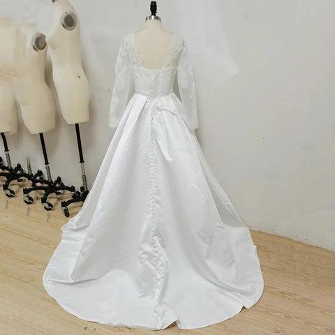 Robe de mariée en satin avec poches, col rond, manches longues, en dentelle arabe 