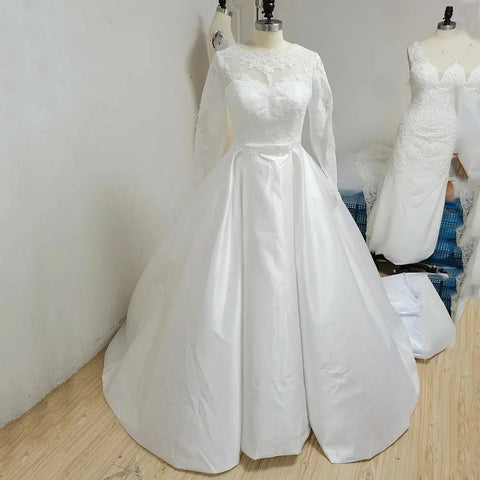 Robe de mariée en satin avec poches, col rond, manches longues, en dentelle arabe 