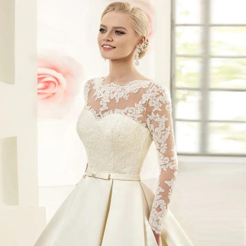 Robe de mariée en satin avec poches, col rond, manches longues, en dentelle arabe 