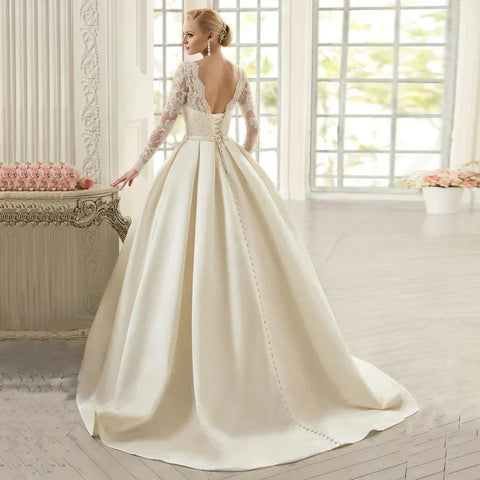 Robe de mariée en satin avec poches, col rond, manches longues, en dentelle arabe 