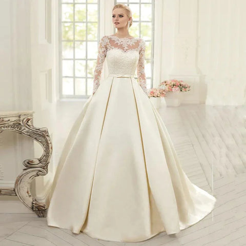 Robe de mariée en satin avec poches, col rond, manches longues, en dentelle arabe 