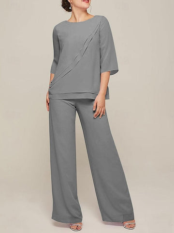 Jumpsuits Scoop Half Sleeves Chiffon Mother Of The Bride Pantsuits with Ruffles