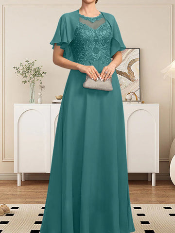 A-line Scoop Illusion Floor-Length Lace Chiffon Mother of the Bride Dress With Sequins