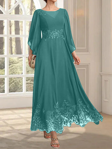 A-line Scoop Illusion Ankle-Length Lace Chiffon Mother of the Bride Dress With Sequins