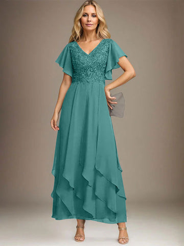 A-line V-Neck Ankle-Length Lace Chiffon Mother of the Bride Dress With Cascading Ruffles
