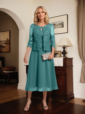 A-line Scoop Tea-Length Lace Chiffon Mother of the Bride Dress With Sequins