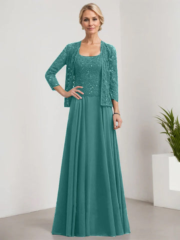 A-line Square Floor-Length Lace Chiffon Mother of the Bride Dress With Sequins