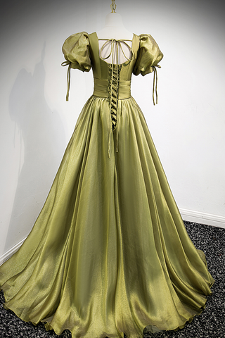 Robe de bal longue en tulle vert à col en V, robe de soirée trapèze Y898