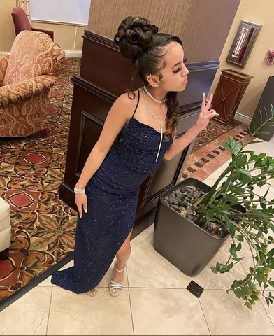 Vestido largo de fiesta azul marino con lentejuelas, estilo tubo, modelo Y7451