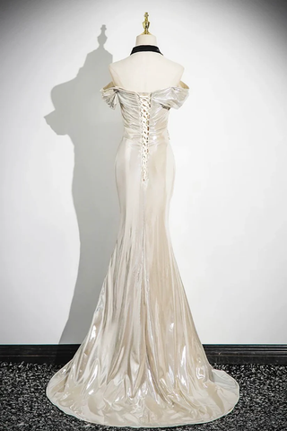 Robe de bal sirène en satin champagne à épaules dénudées Y8202