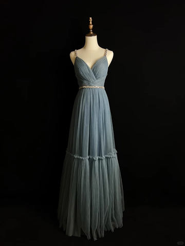 Vestido de noche sencillo azul de tul con cuentas, corte en A, tirantes finos, escote en V, estilo baile de graduación Y8649