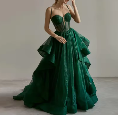 Vestido de noche brillante verde con corsé, corte en A, modelo Y6339