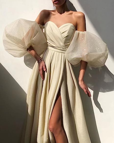 Vestido de fiesta largo de noche romántico con mangas abullonadas y abertura, con lentejuelas, estilo hada, para mujer, modelo Y2420